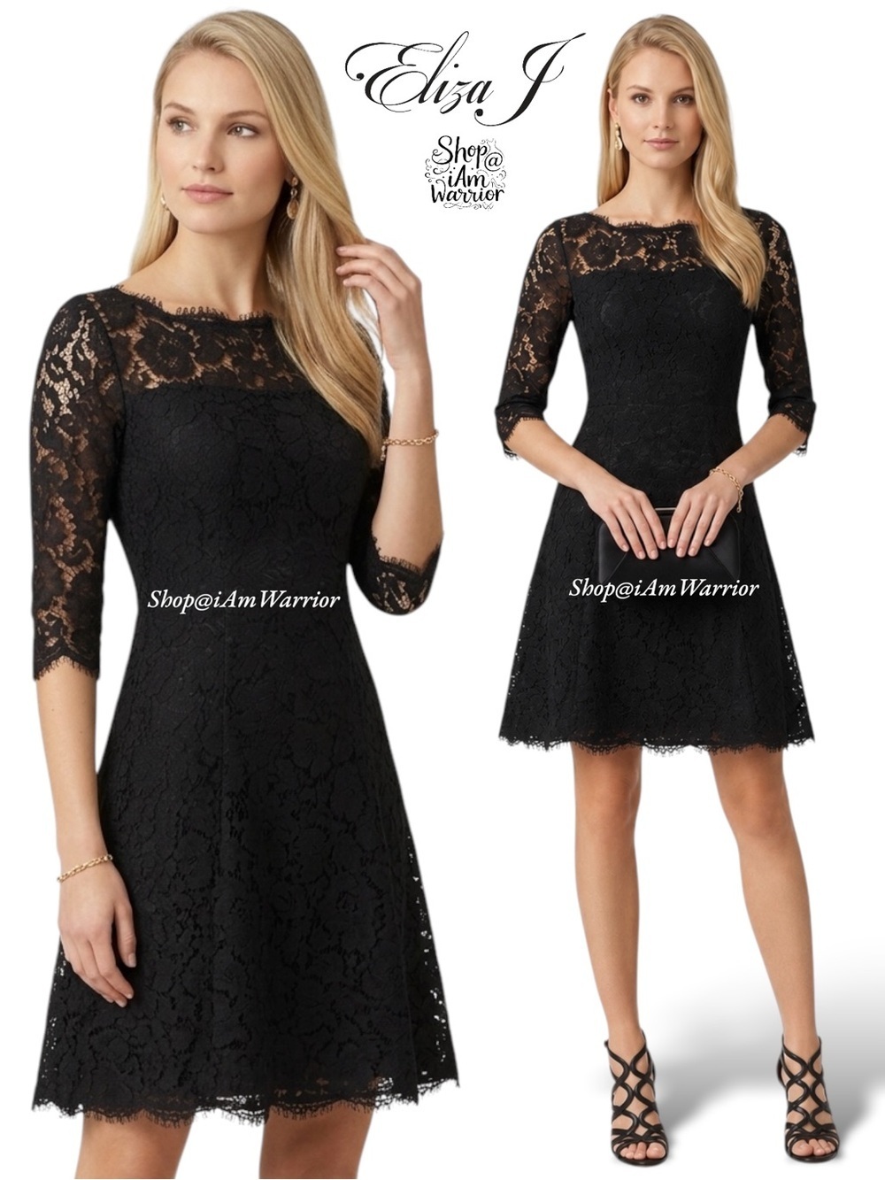 Eliza J lace fit & flare elbow sleeve black dress *shop@iamwarrior